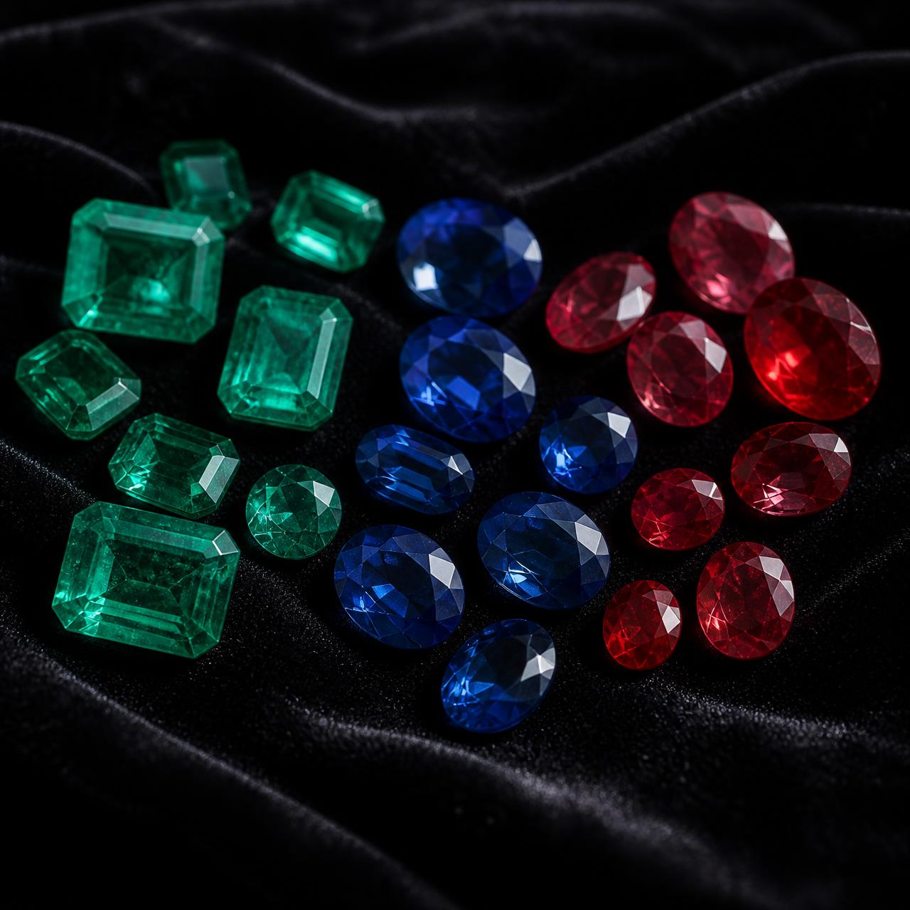 Loose emeralds, sapphires and rubies arranged on black velvet